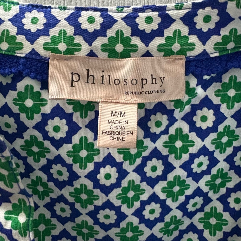 Philosophy Blue and Green Patterned elbow length top. Practically new. - Picture 3 of 3